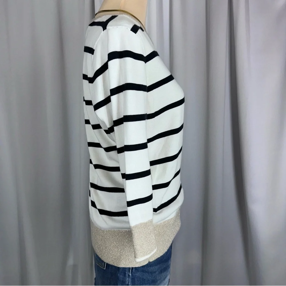 Lands End‎ Women’s Striped 100% Supima Cotton Sweater Sz S 3/4 Sleeve Metalli
